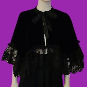 Vintage Black Velvet Beaded Lace Gothic Victorian Castlecore Cape
